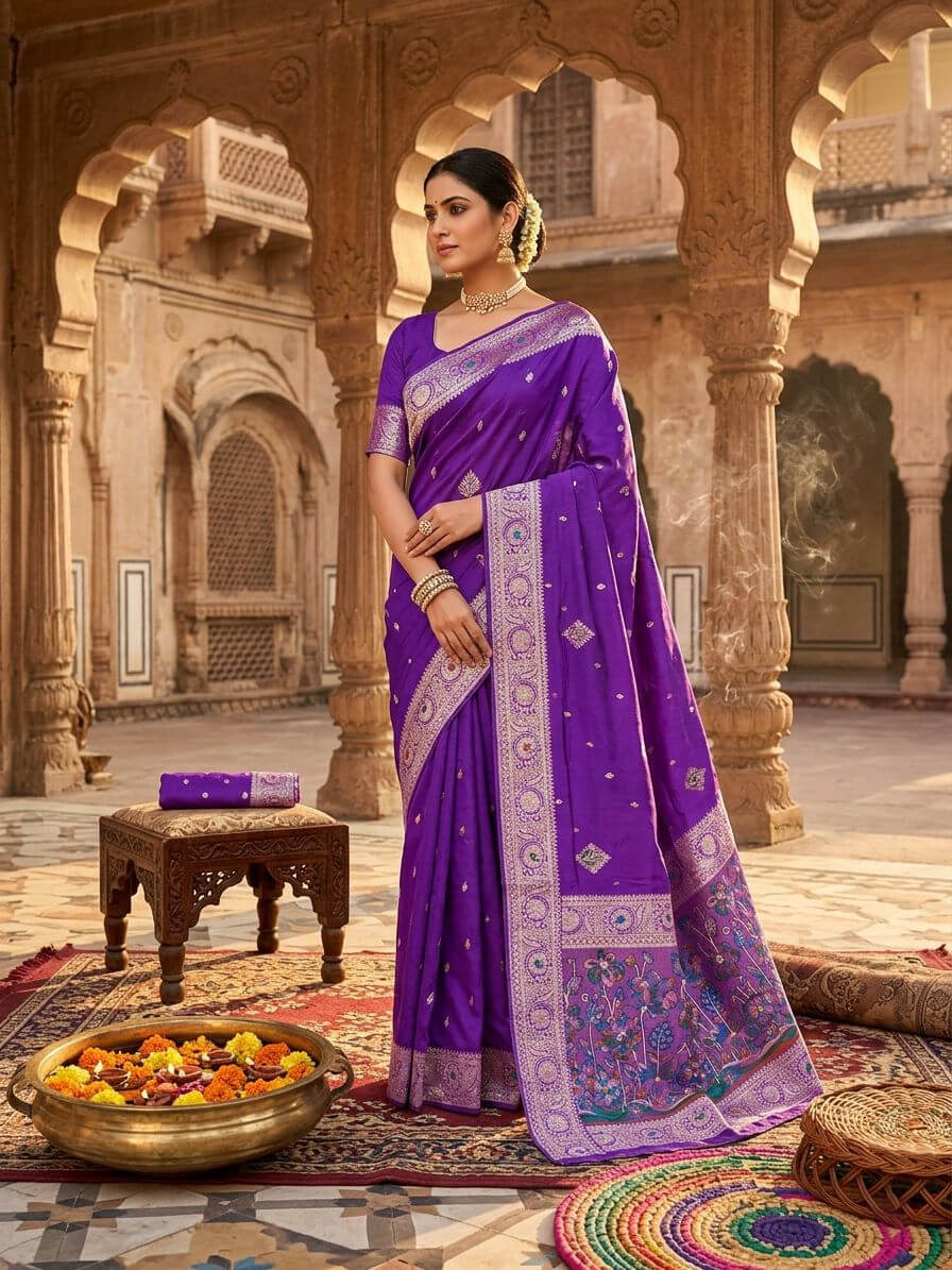 Staring Royal Purple Banarasi Dola Silk Saree With Lovely Blouse Piece