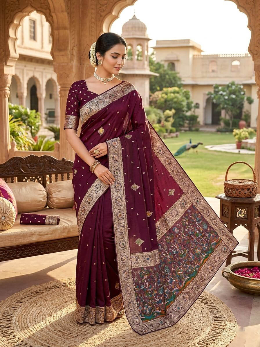 Ethereal Wine Banarasi Dola Silk Saree With Artistic Blouse Piece