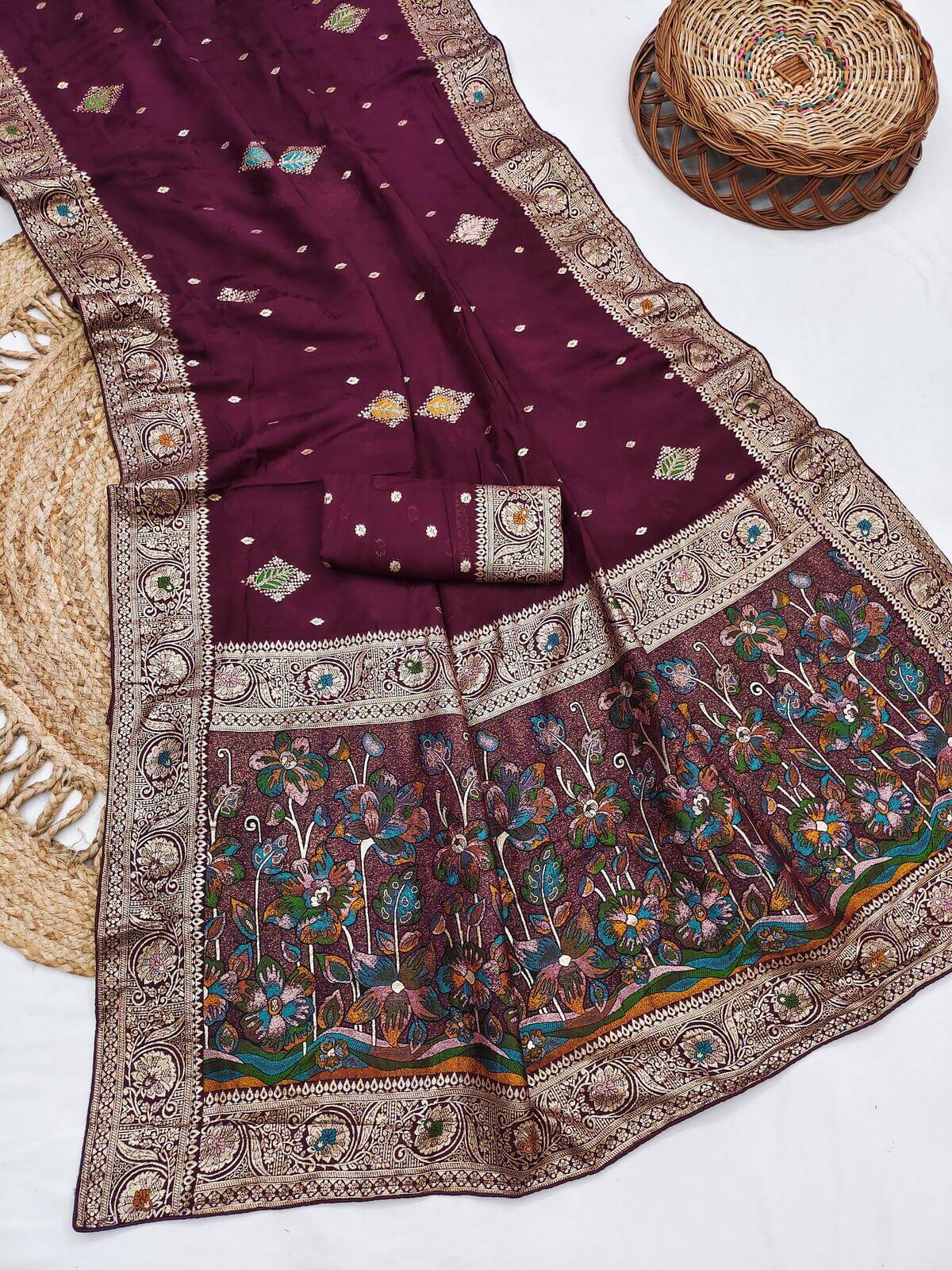 Ethereal Wine Banarasi Dola Silk Saree With Artistic Blouse Piece