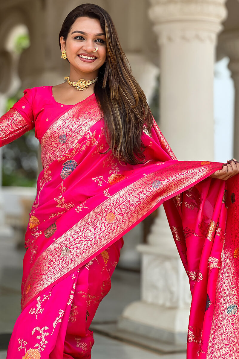 Forbearance Dark Pink Soft Banarasi Silk Saree With Redolent Blouse Piece