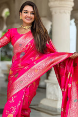 Forbearance Dark Pink Soft Banarasi Silk Saree With Redolent Blouse Piece