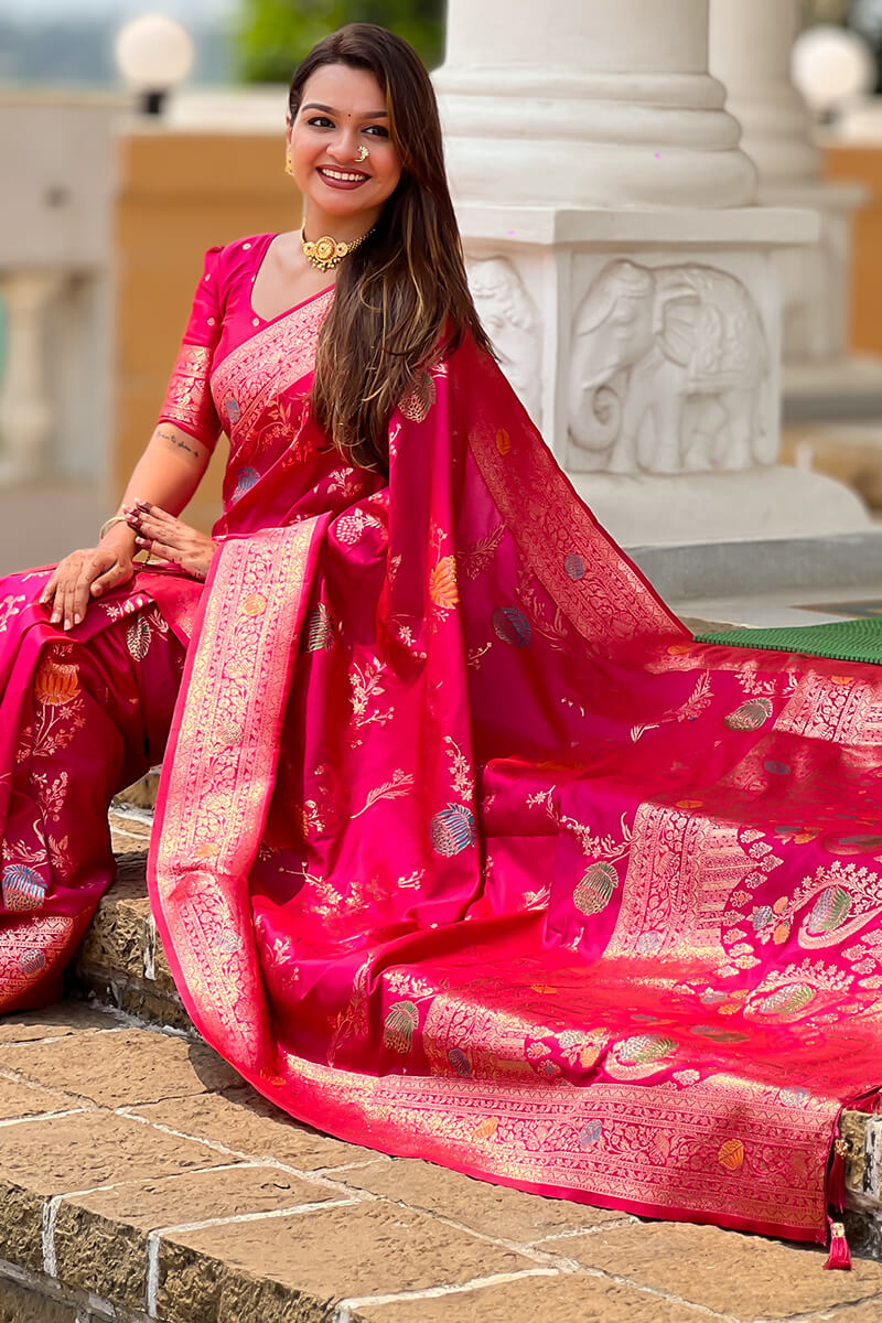Forbearance Dark Pink Soft Banarasi Silk Saree With Redolent Blouse Piece