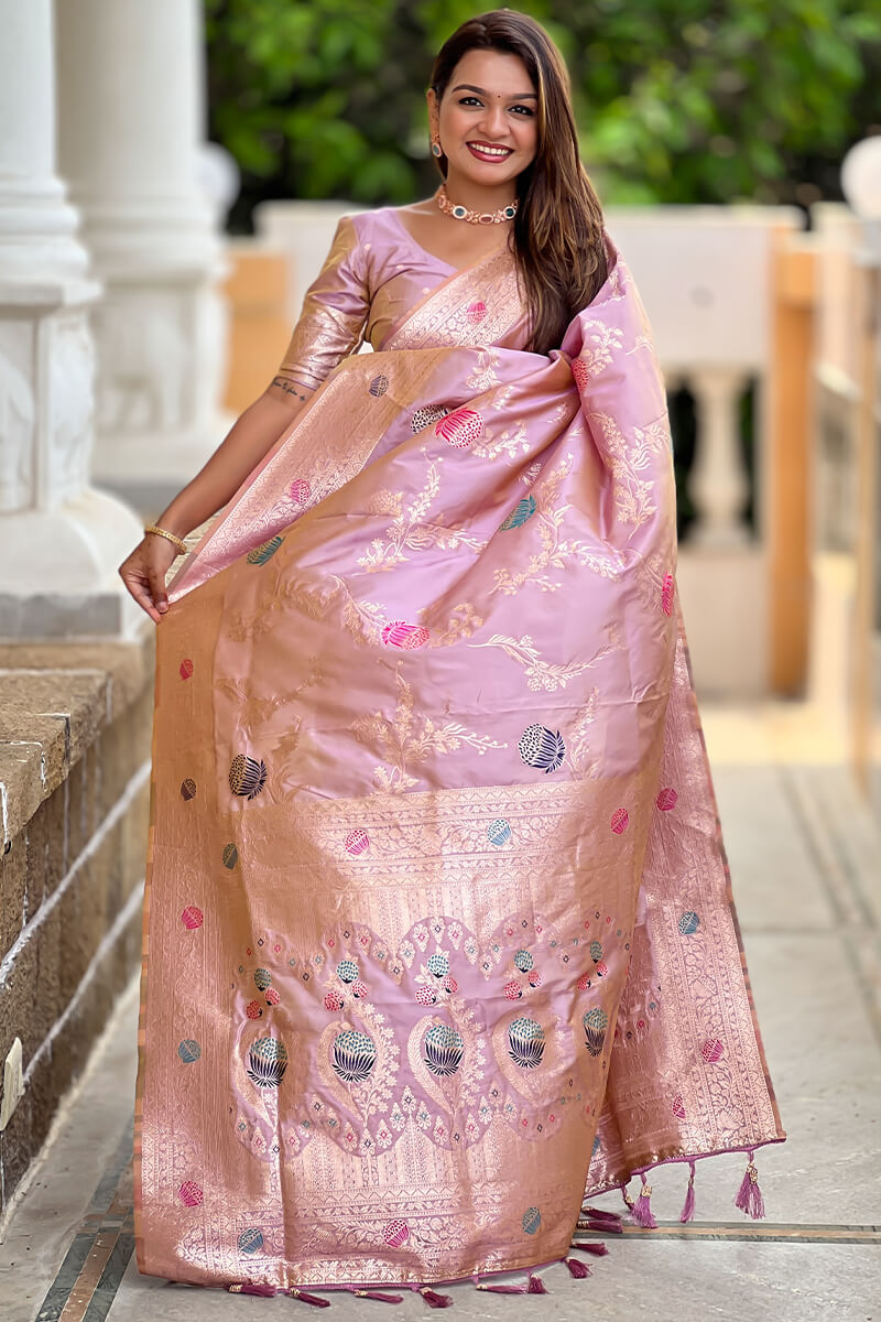 Supernal Lavender Soft Banarasi Silk Saree With Effulgent Blouse Piece