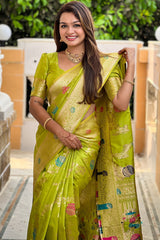 Flamboyant Parrot Soft Banarasi Silk Saree With Precious Blouse Piece