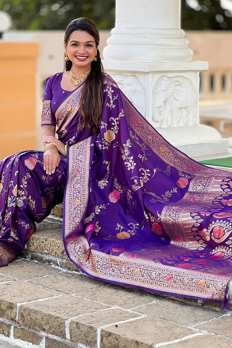 Exquisite Royal Purple Soft Banarasi Silk Saree With Splendorous Blouse Piece