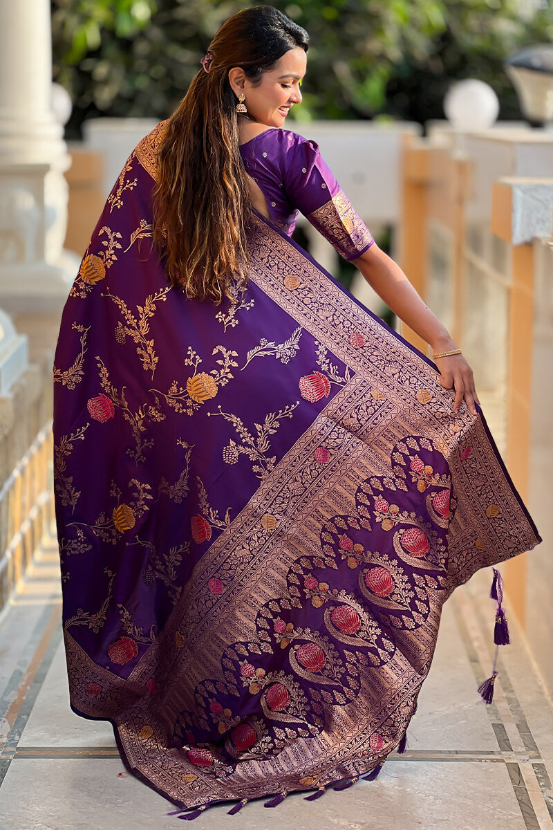 Exquisite Royal Purple Soft Banarasi Silk Saree With Splendorous Blouse Piece