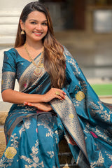 Demesne Teal Blue Soft Banarasi Silk Saree With Forbearance Blouse Piece