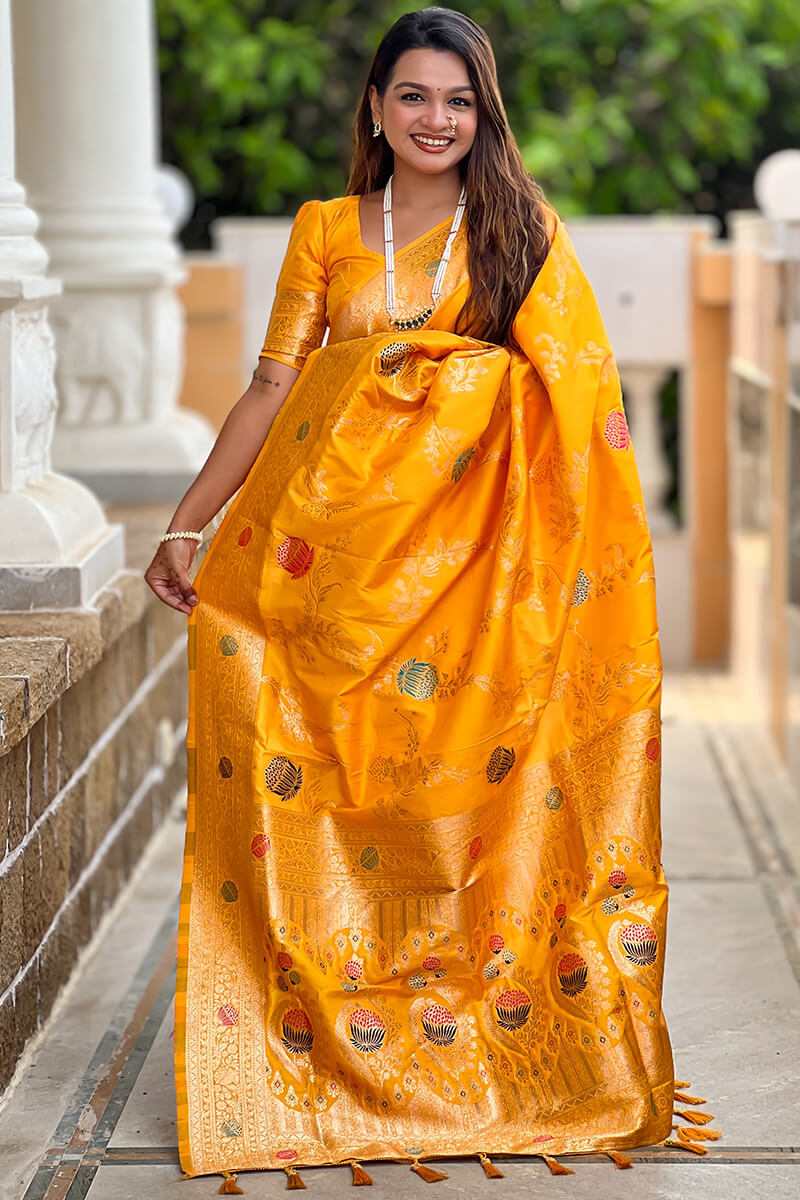 Admirable Yellow Soft Banarasi Silk Saree With Angelic Blouse Piece