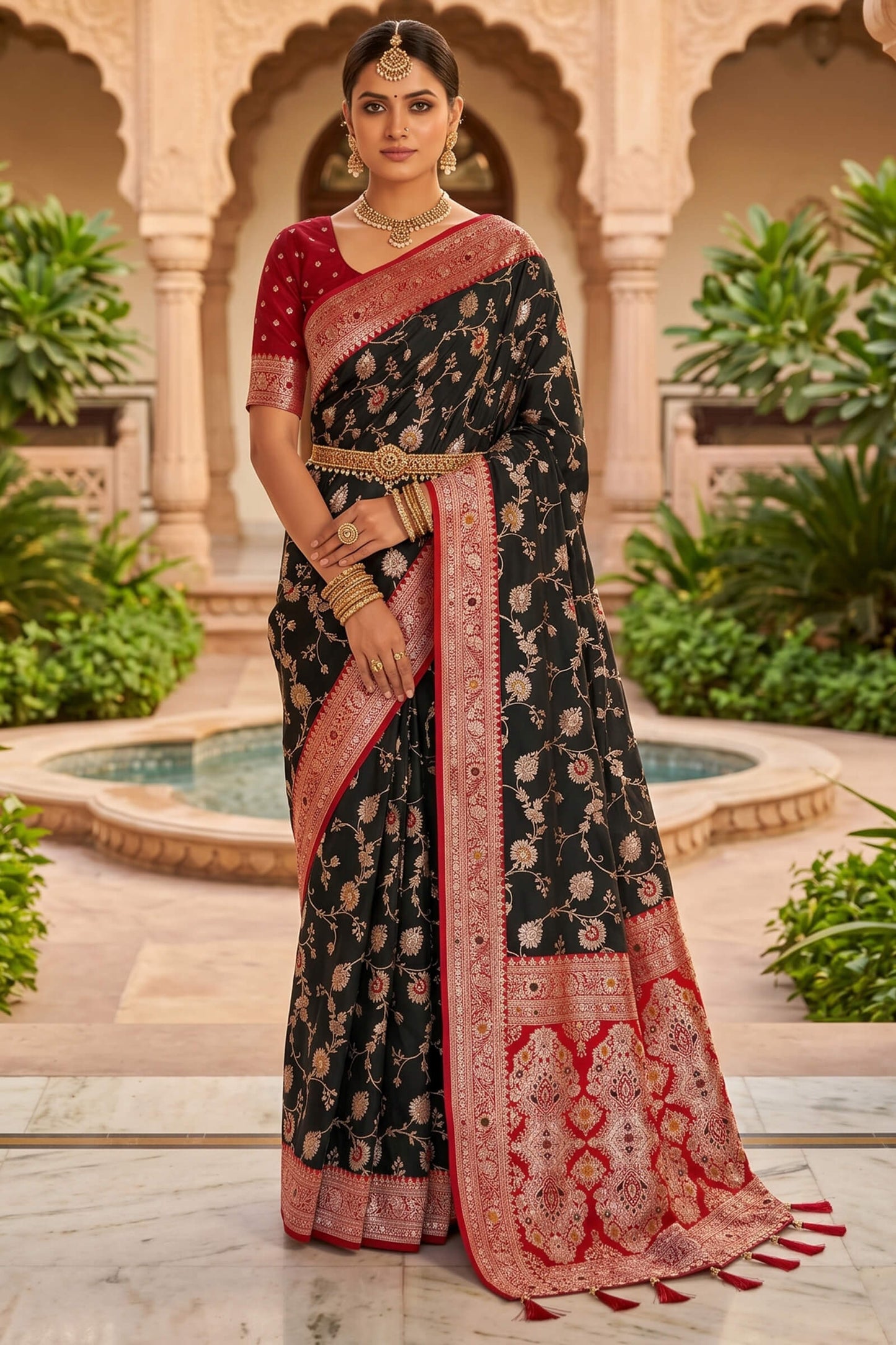 Susurrous Black Pure Zari Weaving Banarasi Silk Saree With Glamorous Blouse Piece