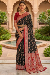 Susurrous Black Pure Zari Weaving Banarasi Silk Saree With Glamorous Blouse Piece