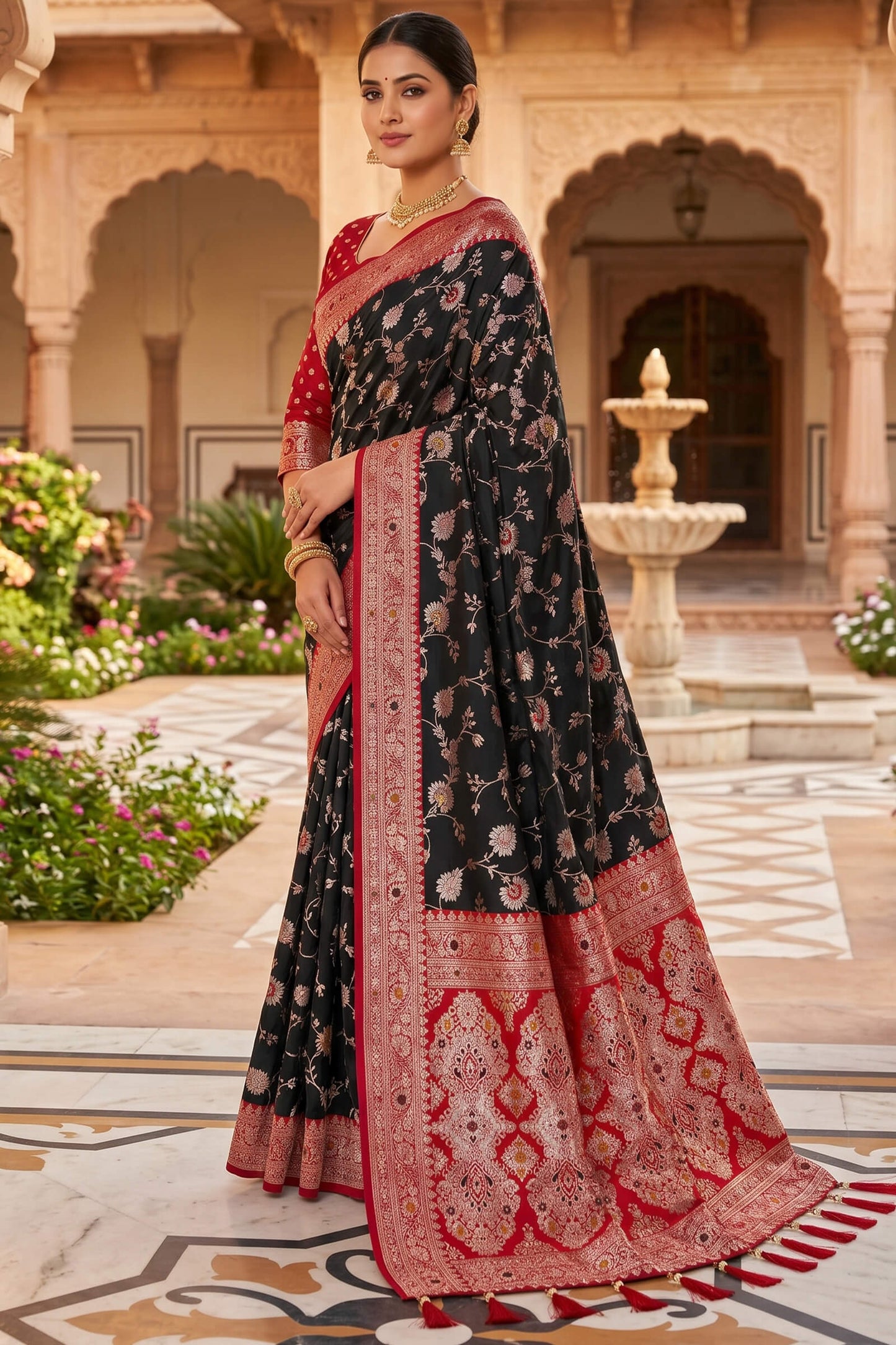 Susurrous Black Pure Zari Weaving Banarasi Silk Saree With Glamorous Blouse Piece
