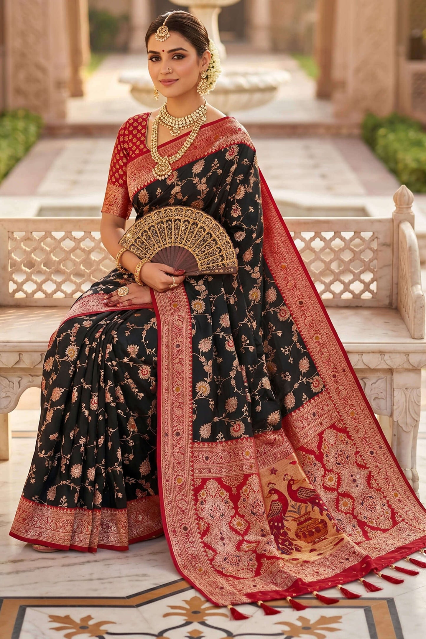 Susurrous Black Pure Zari Weaving Banarasi Silk Saree With Glamorous Blouse Piece