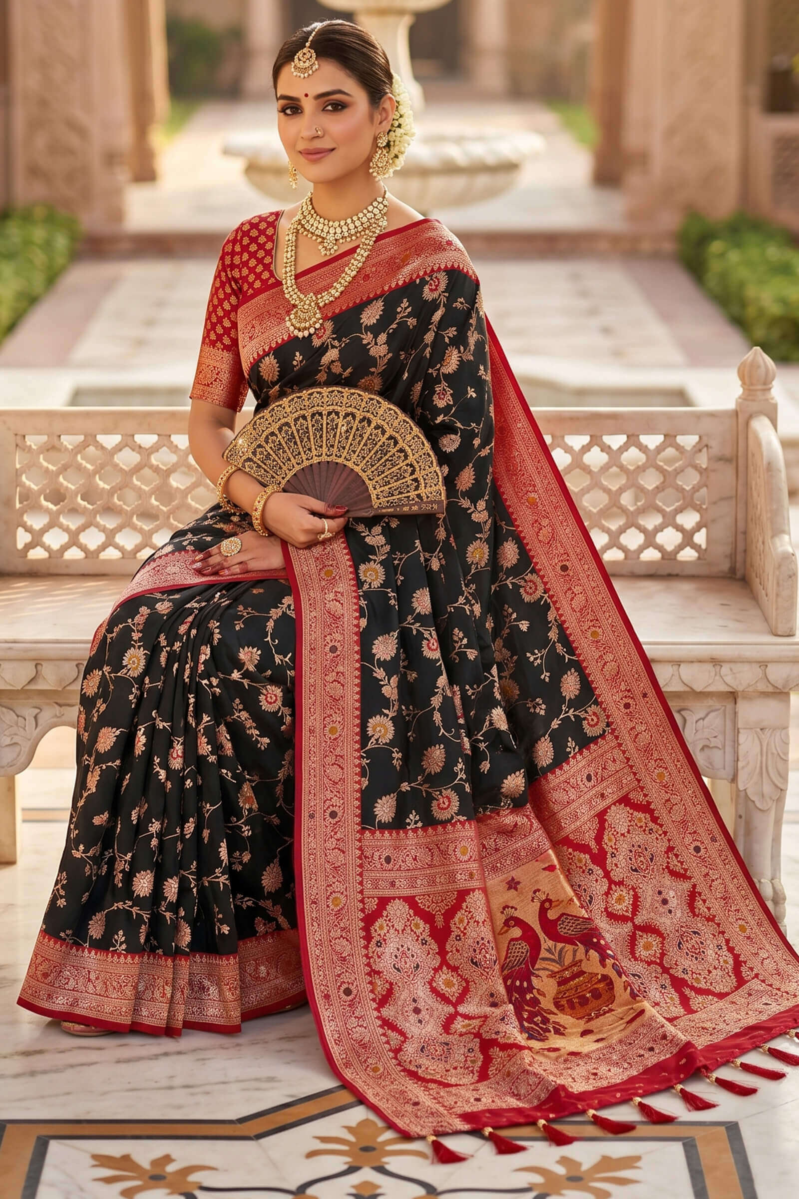 Susurrous Black Pure Zari Weaving Banarasi Silk Saree With Glamorous Blouse Piece