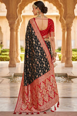 Susurrous Black Pure Zari Weaving Banarasi Silk Saree With Glamorous Blouse Piece