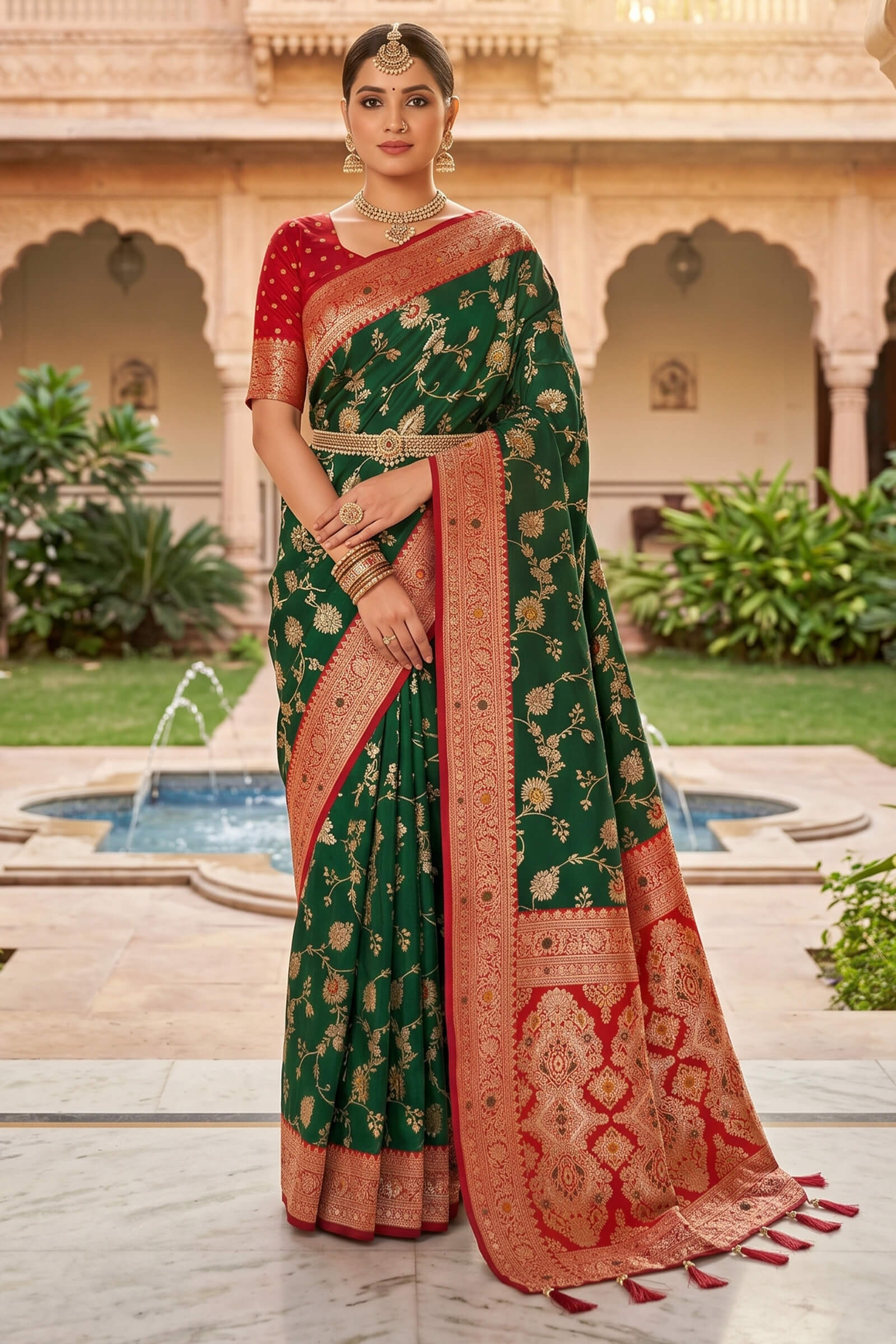 Lustrous Dark Green Pure Zari Weaving Banarasi Silk Saree With Beguiling Blouse Piece