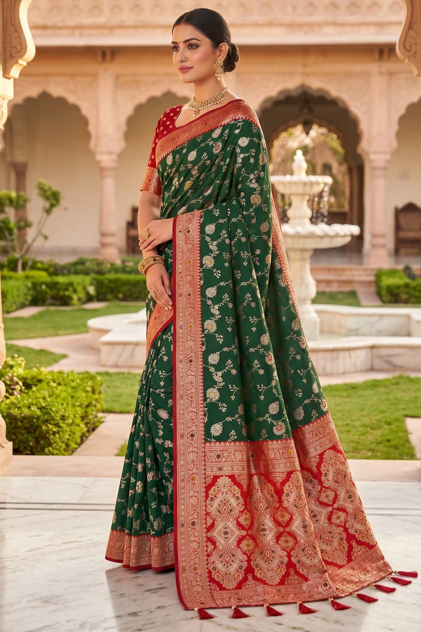Lustrous Dark Green Pure Zari Weaving Banarasi Silk Saree With Beguiling Blouse Piece