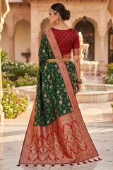 Lustrous Dark Green Pure Zari Weaving Banarasi Silk Saree With Beguiling Blouse Piece