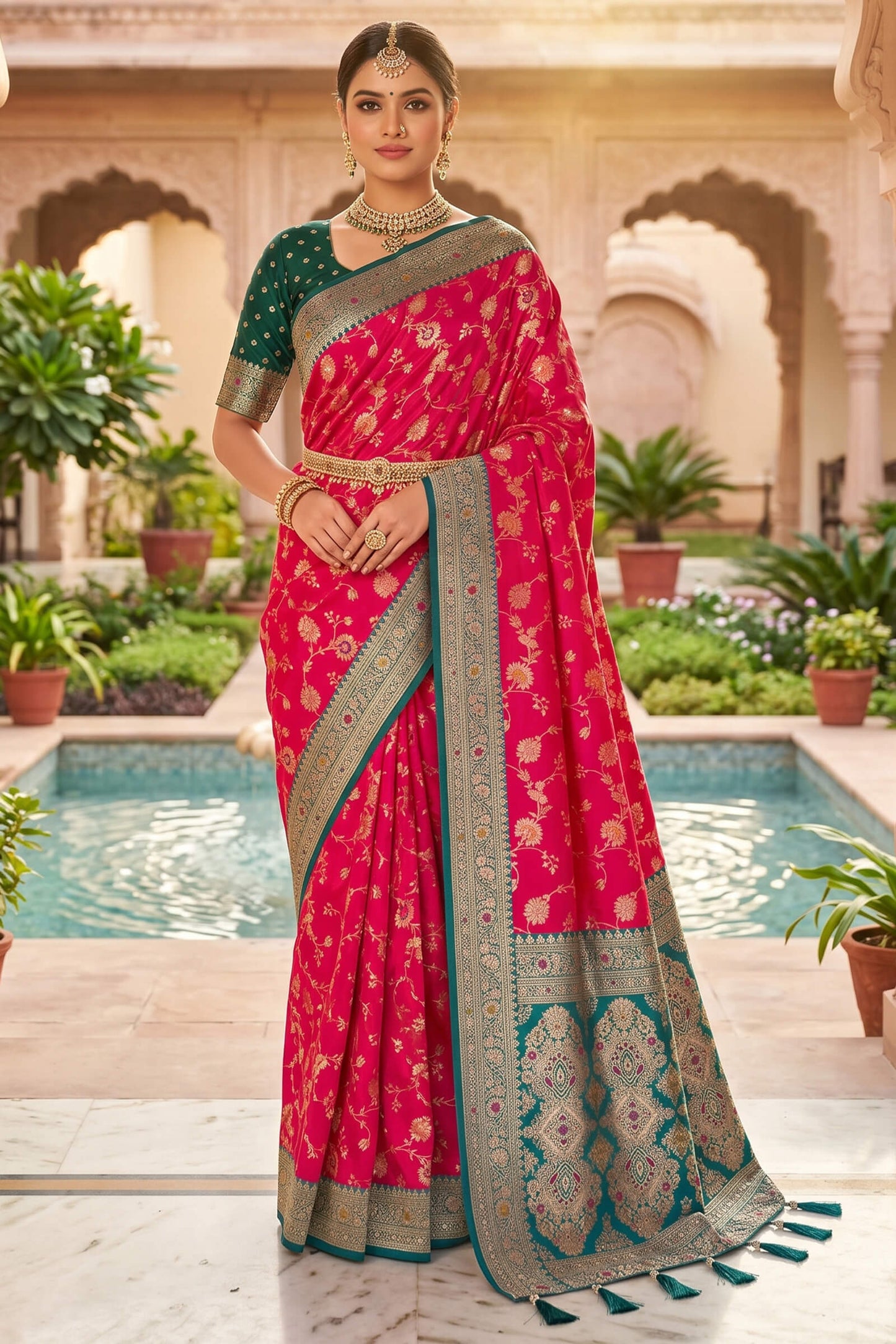 Assemblage Dark Pink Pure Zari Weaving Banarasi Silk Saree With Unique Blouse Piece