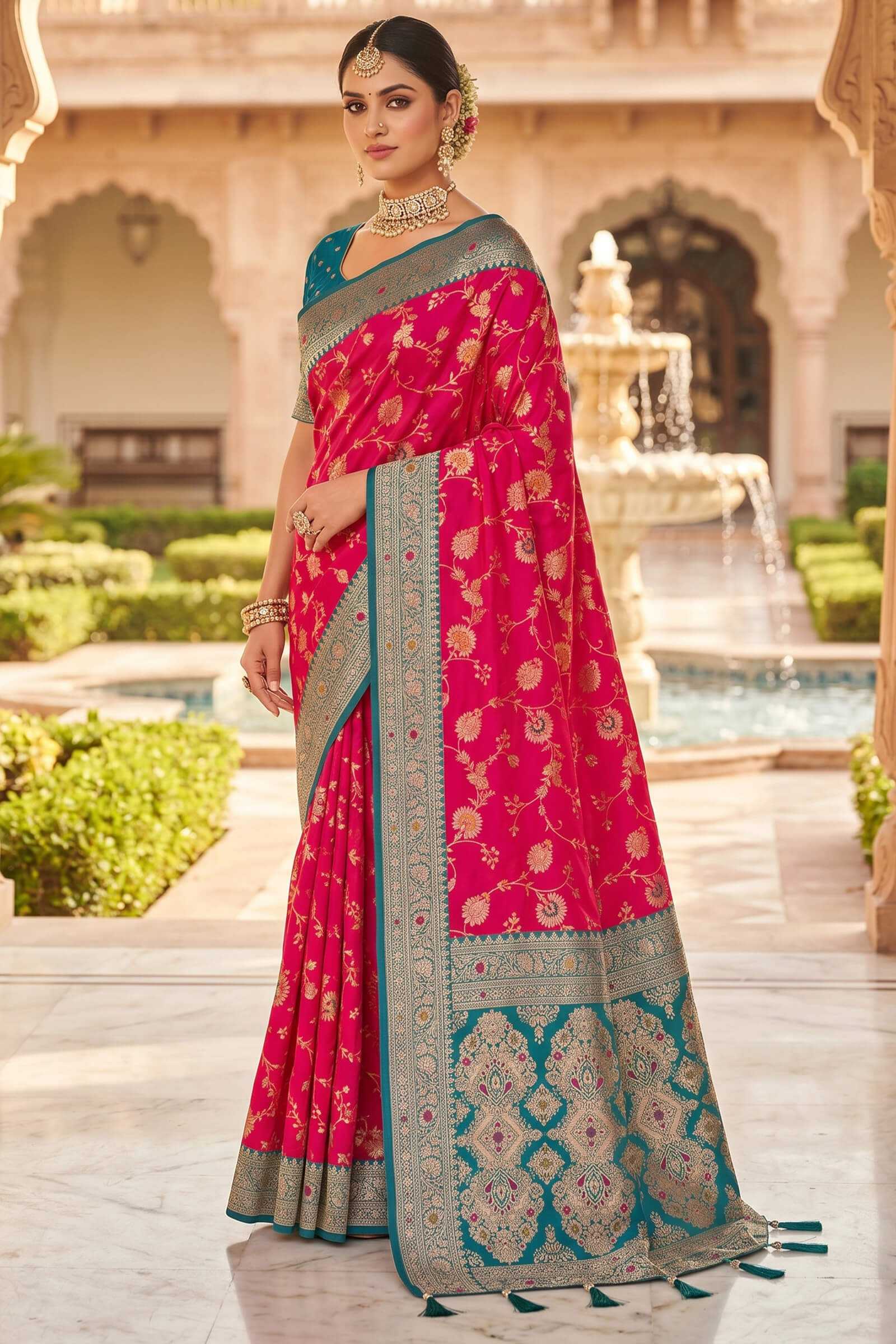 Assemblage Dark Pink Pure Zari Weaving Banarasi Silk Saree With Unique Blouse Piece