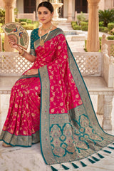 Assemblage Dark Pink Pure Zari Weaving Banarasi Silk Saree With Unique Blouse Piece