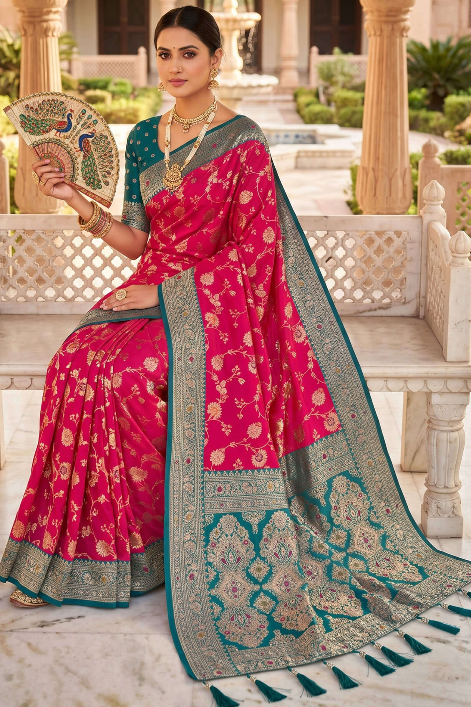 Assemblage Dark Pink Pure Zari Weaving Banarasi Silk Saree With Unique Blouse Piece