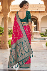 Assemblage Dark Pink Pure Zari Weaving Banarasi Silk Saree With Unique Blouse Piece