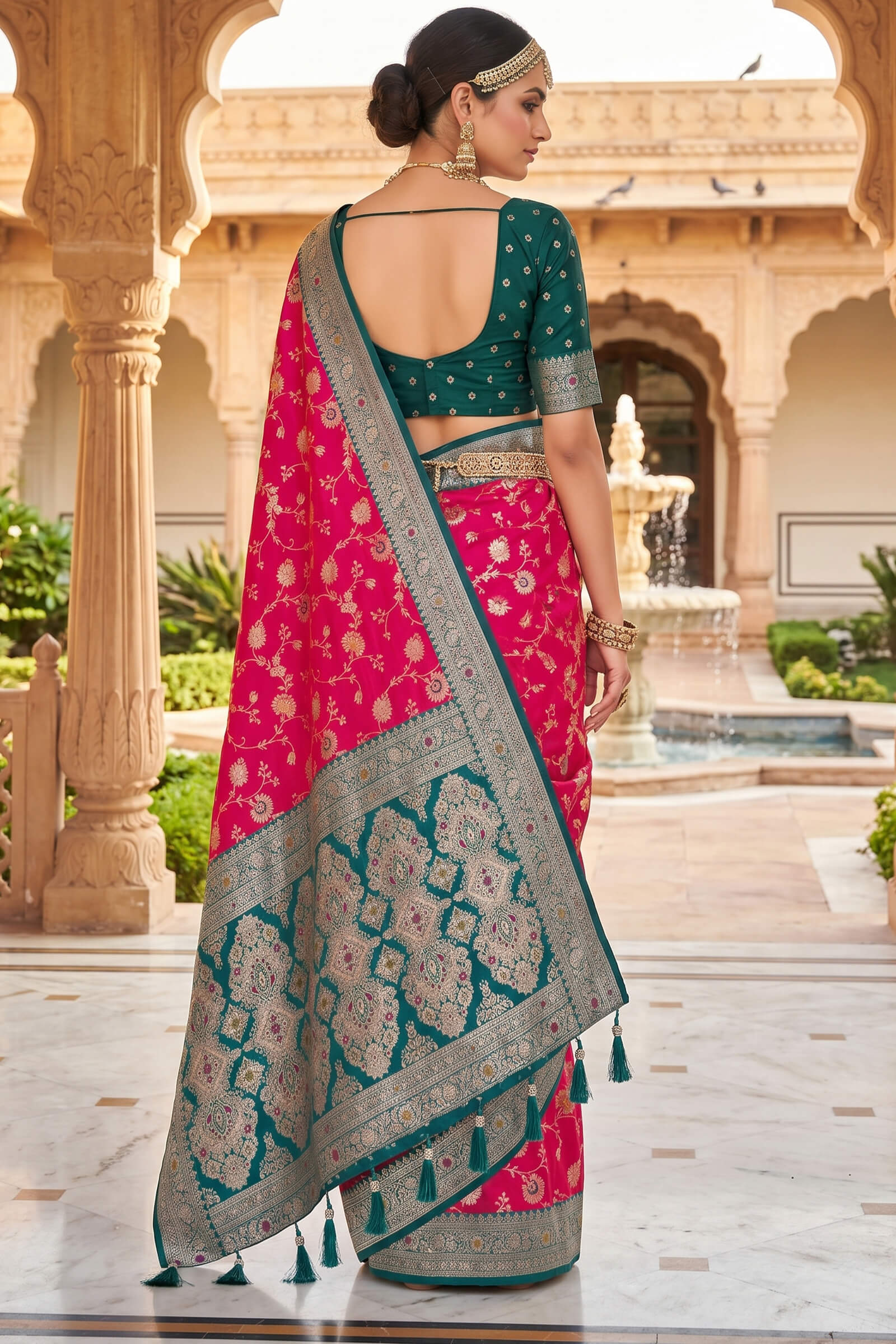 Assemblage Dark Pink Pure Zari Weaving Banarasi Silk Saree With Unique Blouse Piece