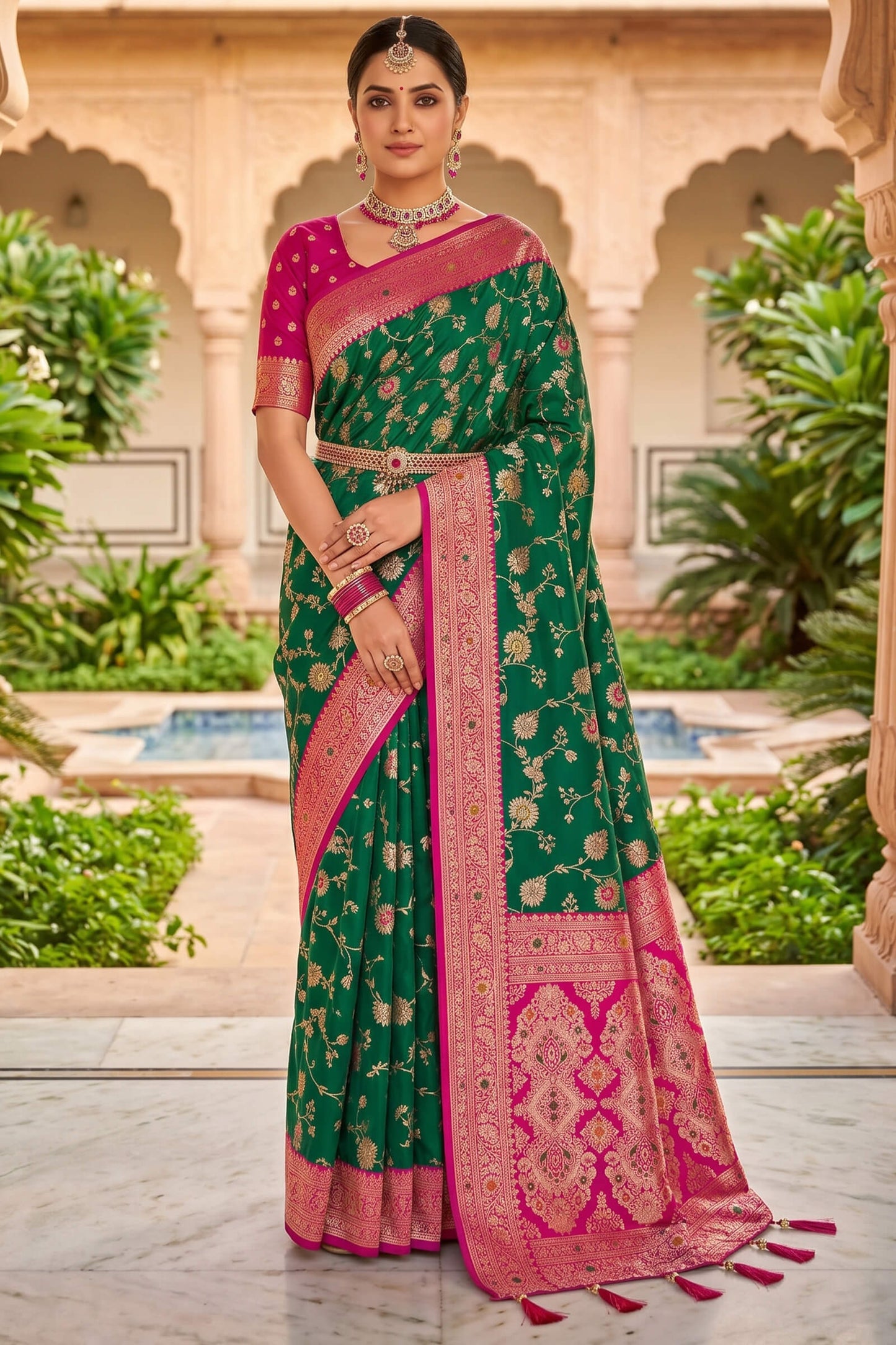 Pretty Green Pure Zari Weaving Banarasi Silk Saree With Whimsical Blouse Piece