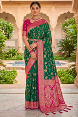 Pretty Green Pure Zari Weaving Banarasi Silk Saree With Whimsical Blouse Piece