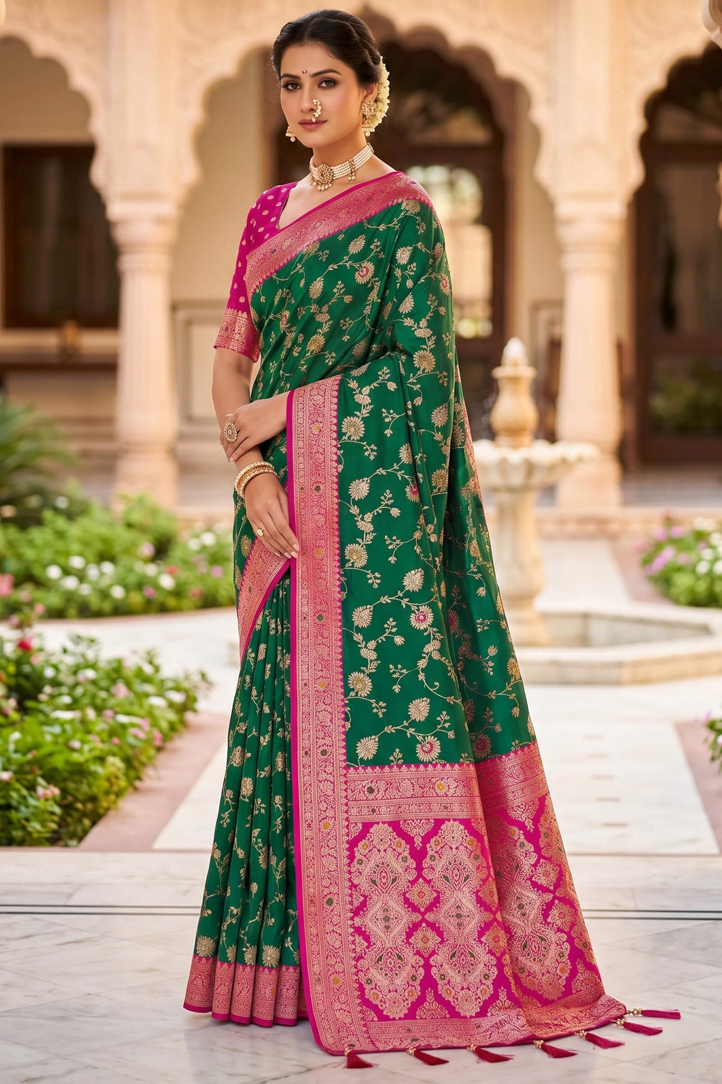 Pretty Green Pure Zari Weaving Banarasi Silk Saree With Whimsical Blouse Piece