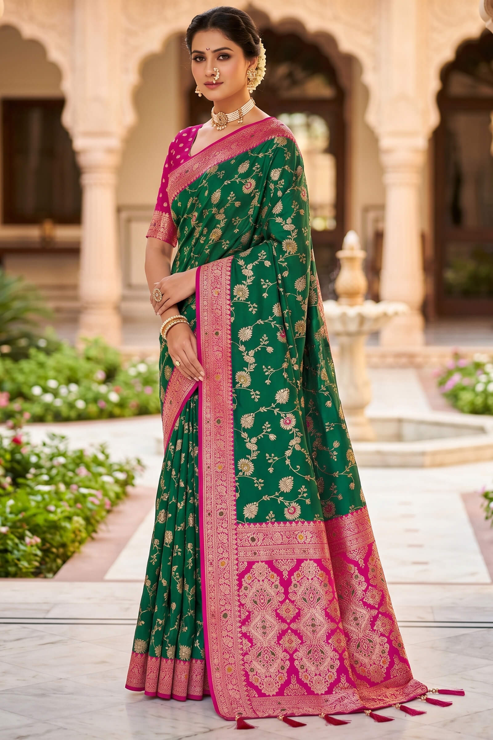 Pretty Green Pure Zari Weaving Banarasi Silk Saree With Whimsical Blouse Piece