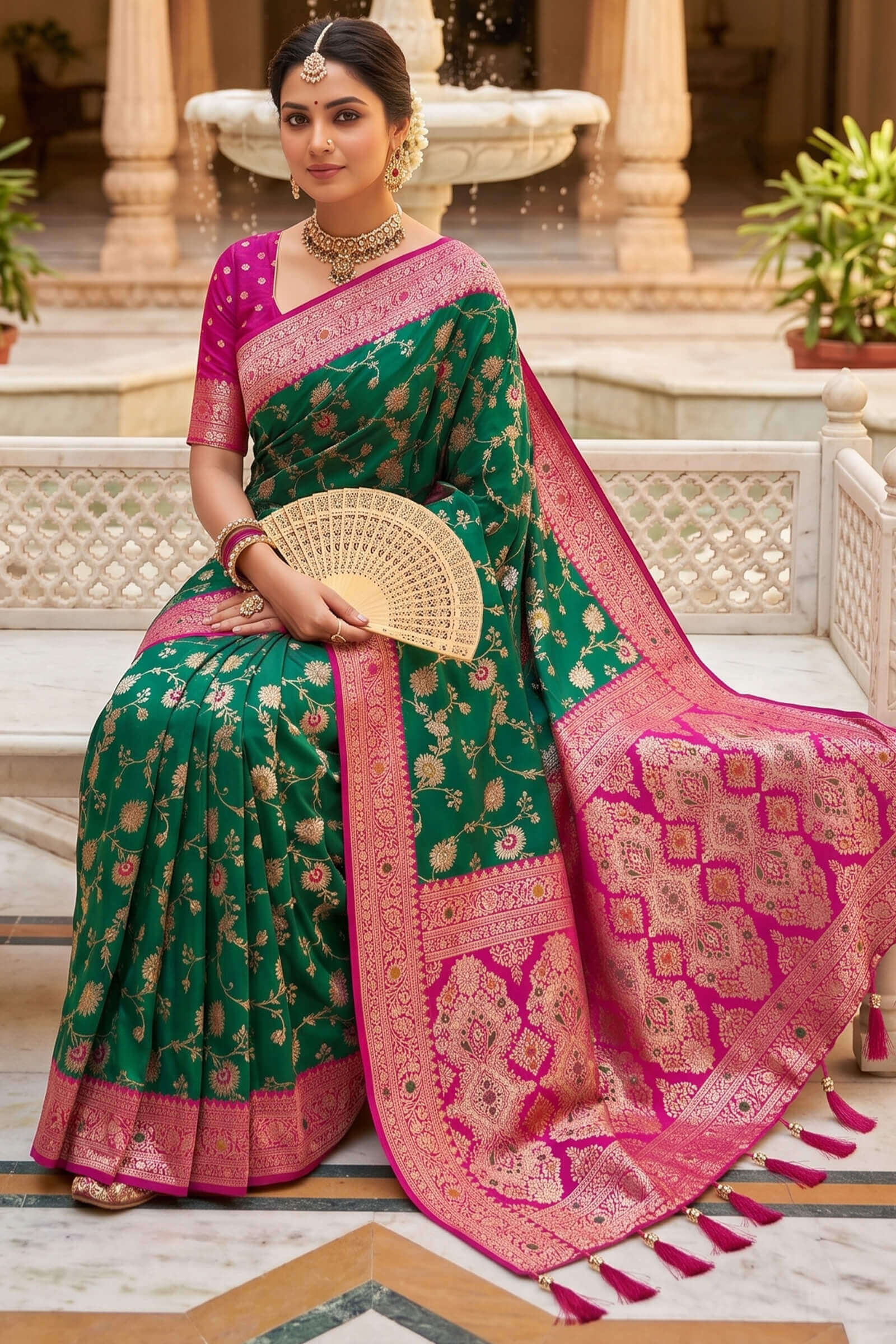 Pretty Green Pure Zari Weaving Banarasi Silk Saree With Whimsical Blouse Piece