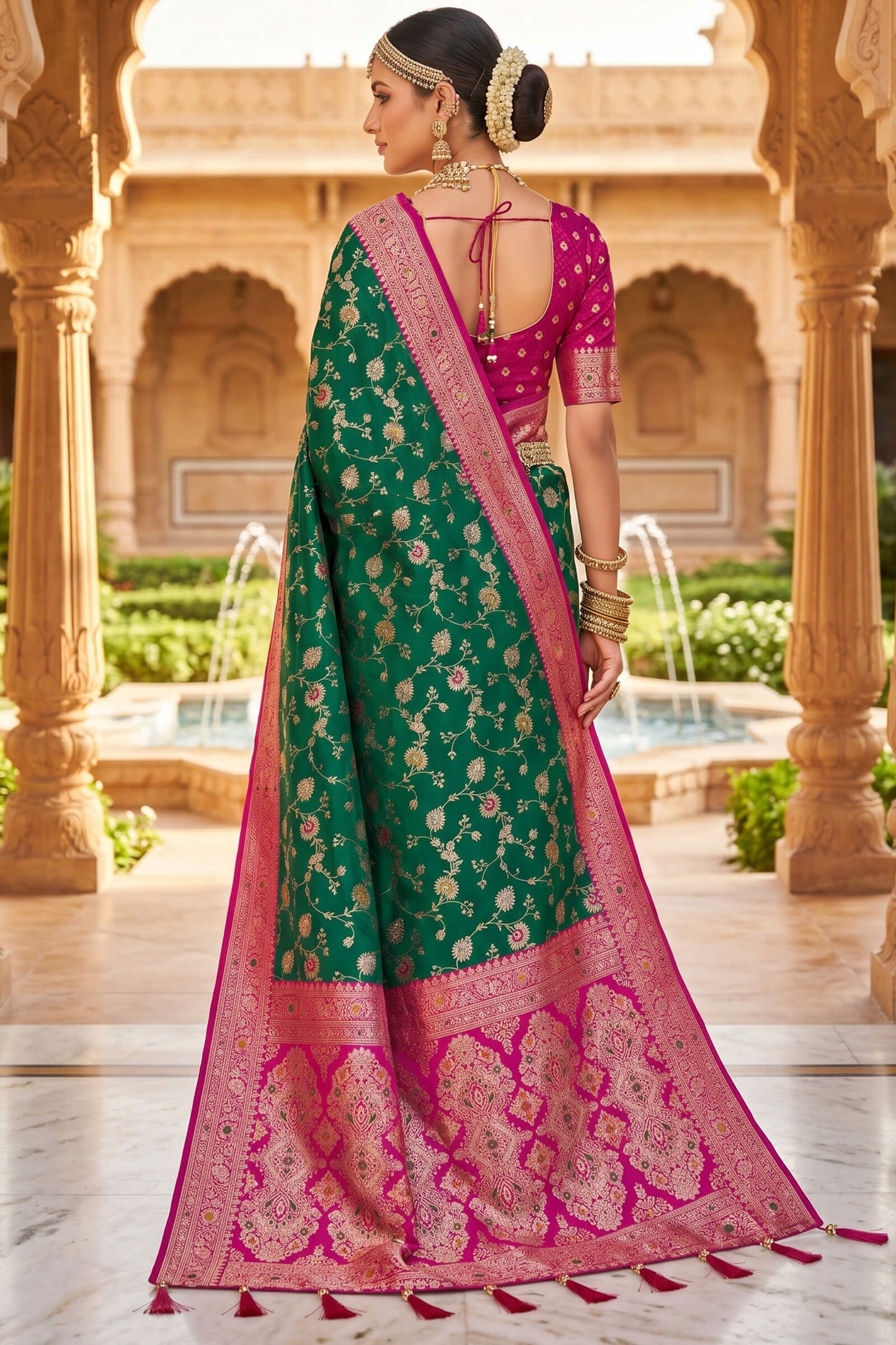 Pretty Green Pure Zari Weaving Banarasi Silk Saree With Whimsical Blouse Piece
