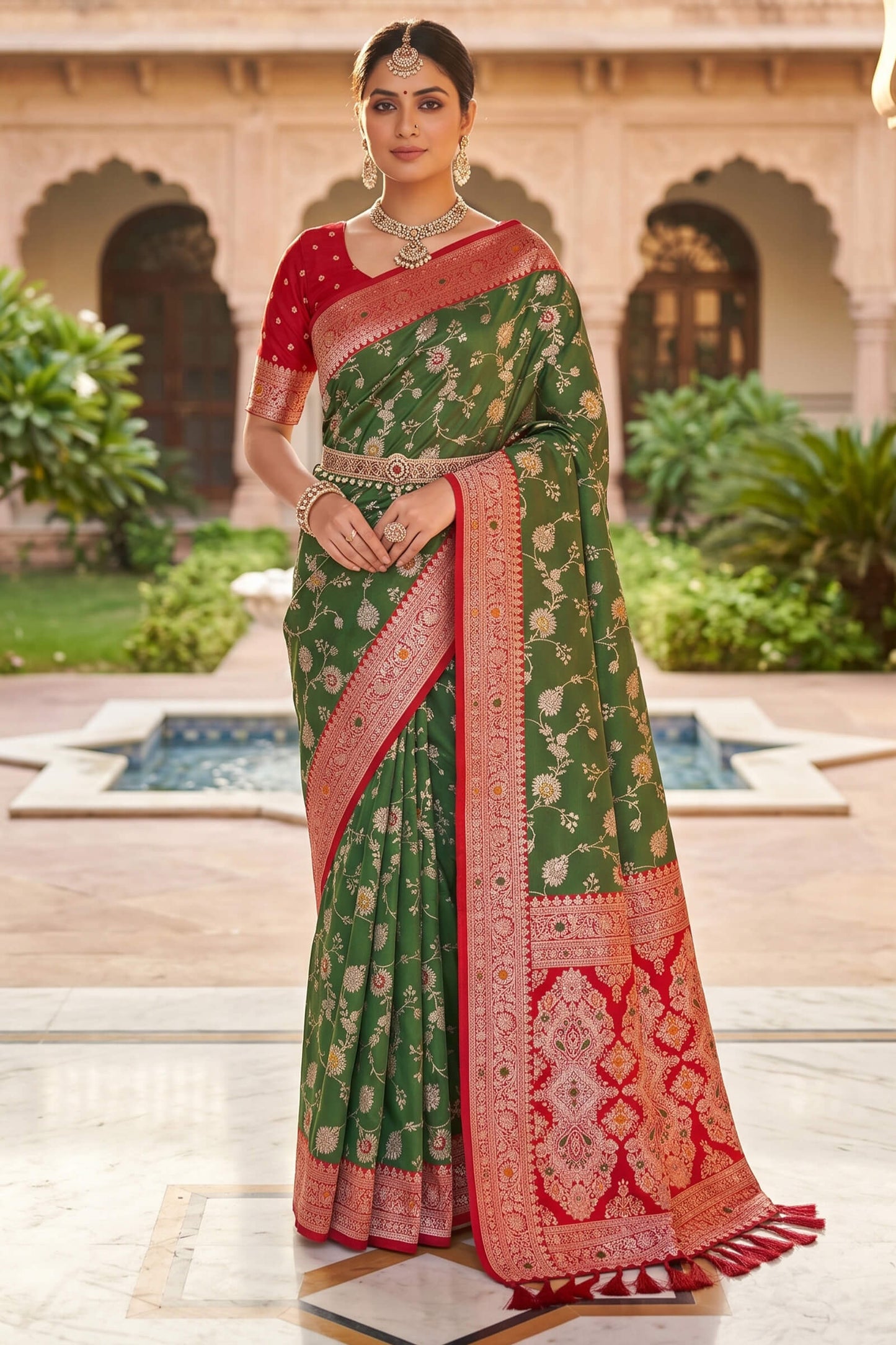 Exemplary Mehndi Pure Zari Weaving Banarasi Silk Saree With Alluring Blouse Piece