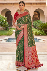 Exemplary Mehndi Pure Zari Weaving Banarasi Silk Saree With Alluring Blouse Piece