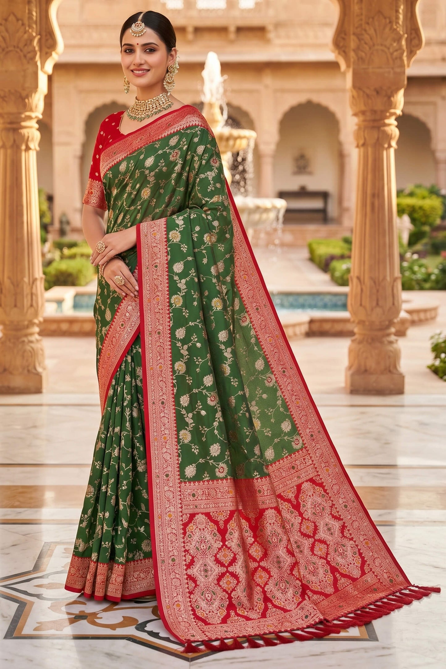 Exemplary Mehndi Pure Zari Weaving Banarasi Silk Saree With Alluring Blouse Piece
