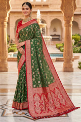 Exemplary Mehndi Pure Zari Weaving Banarasi Silk Saree With Alluring Blouse Piece