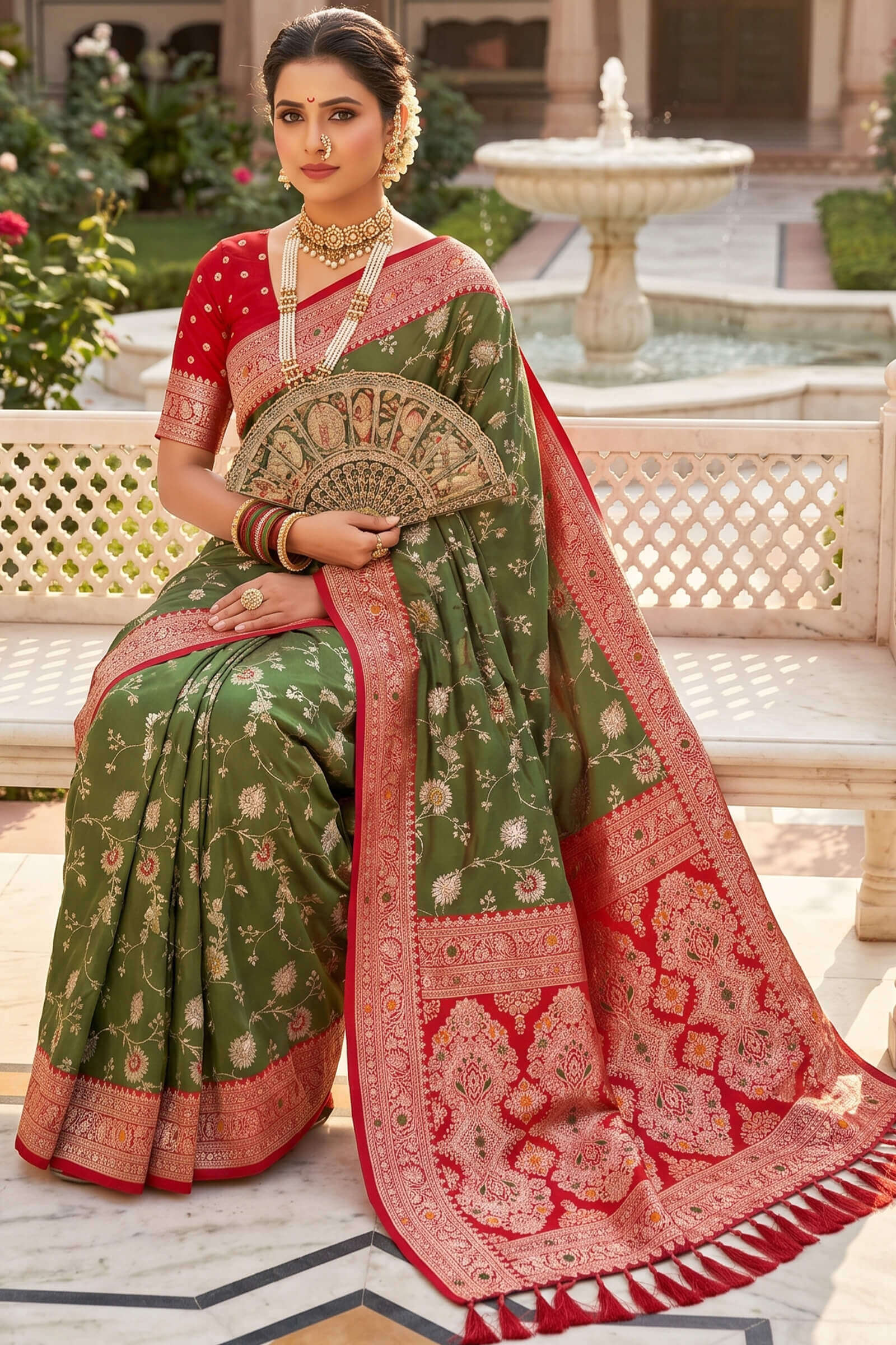 Exemplary Mehndi Pure Zari Weaving Banarasi Silk Saree With Alluring Blouse Piece