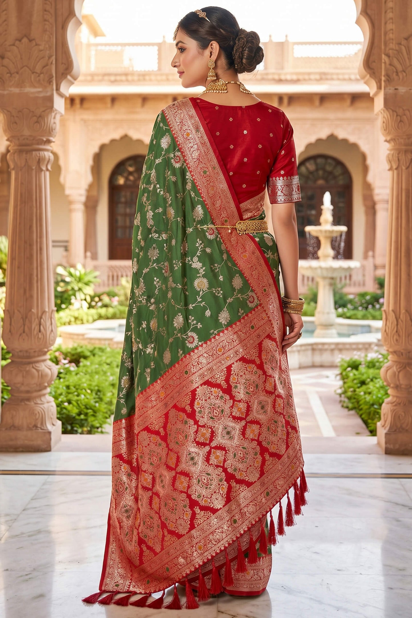 Exemplary Mehndi Pure Zari Weaving Banarasi Silk Saree With Alluring Blouse Piece