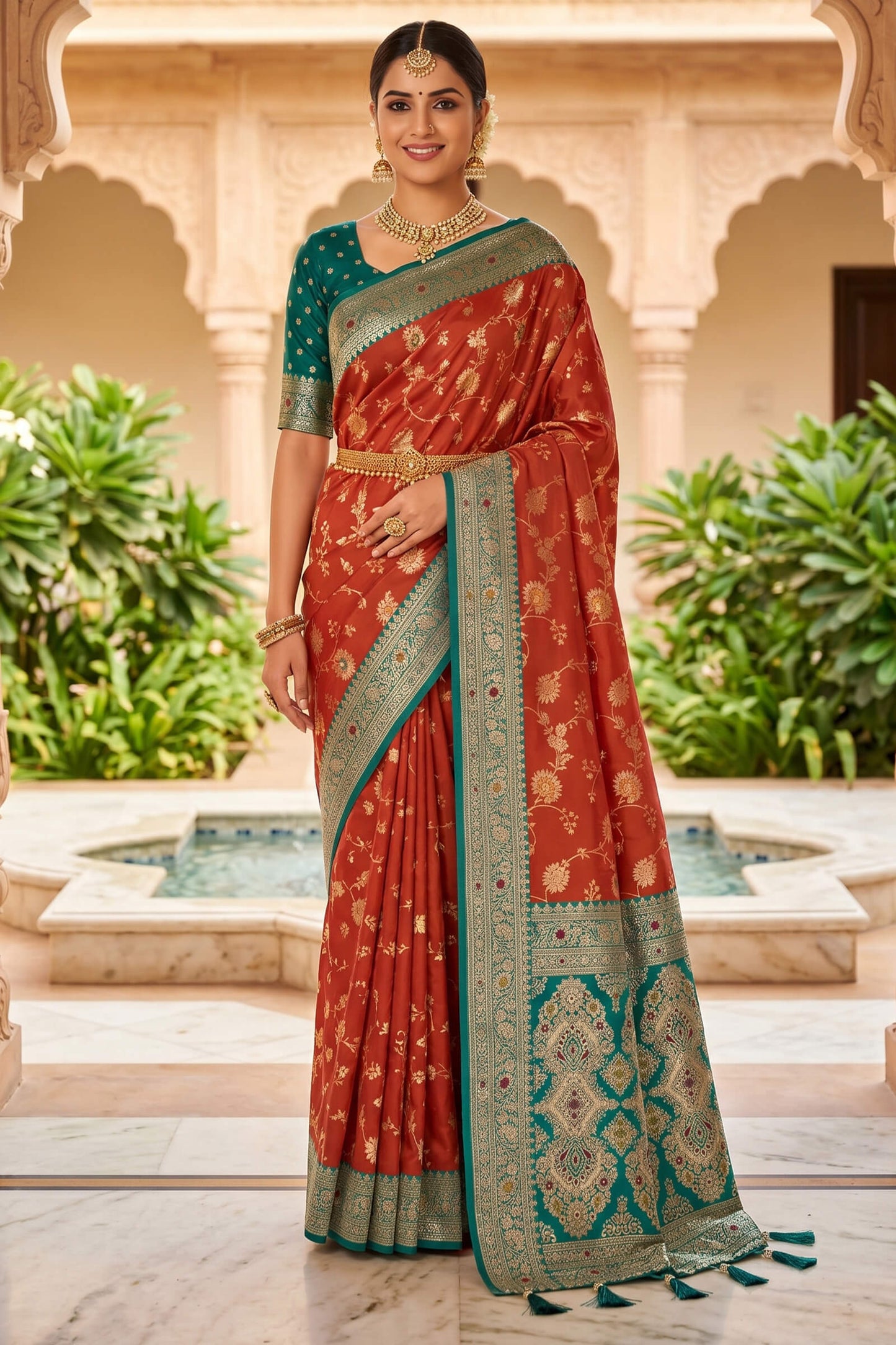 Dulcet Orange Pure Zari Weaving Banarasi Silk Saree With Splendorous Blouse Piece