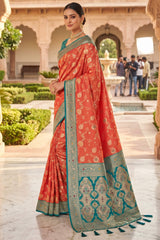 Dulcet Orange Pure Zari Weaving Banarasi Silk Saree With Splendorous Blouse Piece