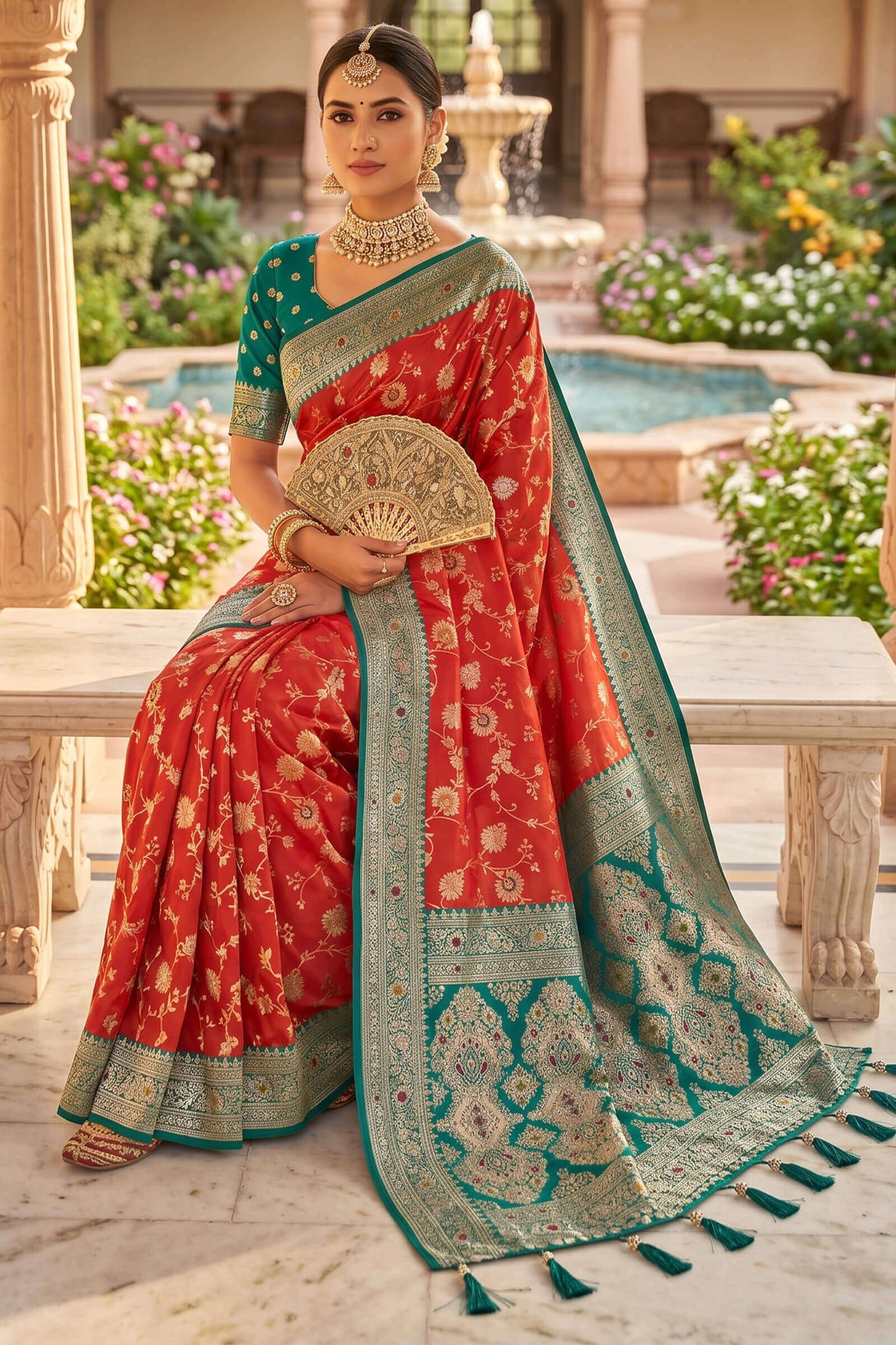 Dulcet Orange Pure Zari Weaving Banarasi Silk Saree With Splendorous Blouse Piece