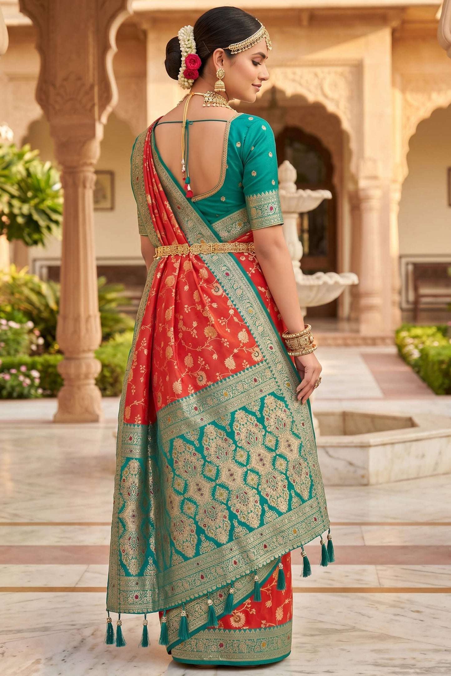 Dulcet Orange Pure Zari Weaving Banarasi Silk Saree With Splendorous Blouse Piece