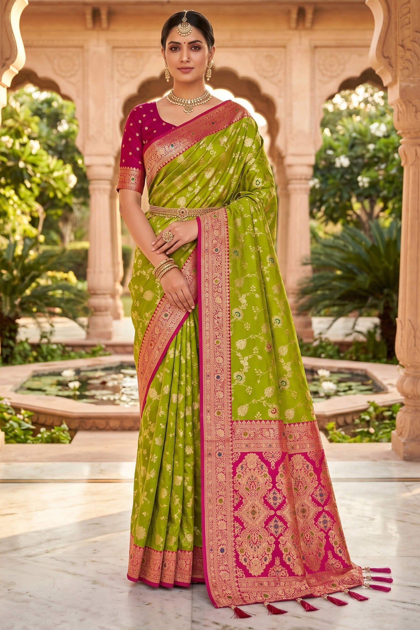 Flattering Parrot Pure Zari Weaving Banarasi Silk Saree With Groovy Blouse Piece