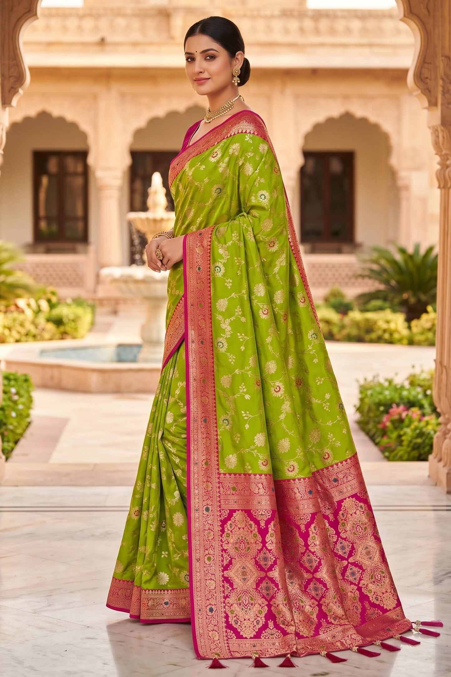 Flattering Parrot Pure Zari Weaving Banarasi Silk Saree With Groovy Blouse Piece