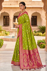 Flattering Parrot Pure Zari Weaving Banarasi Silk Saree With Groovy Blouse Piece
