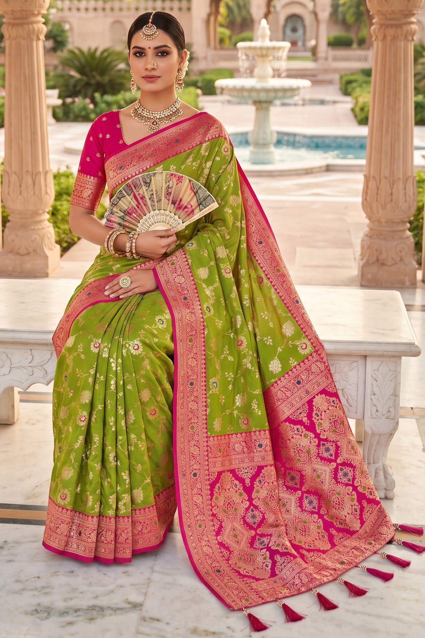 Flattering Parrot Pure Zari Weaving Banarasi Silk Saree With Groovy Blouse Piece