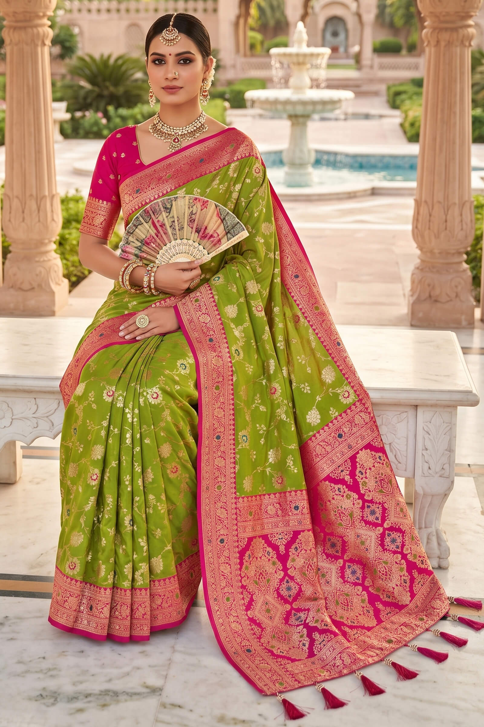 Flattering Parrot Pure Zari Weaving Banarasi Silk Saree With Groovy Blouse Piece
