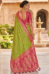 Flattering Parrot Pure Zari Weaving Banarasi Silk Saree With Groovy Blouse Piece