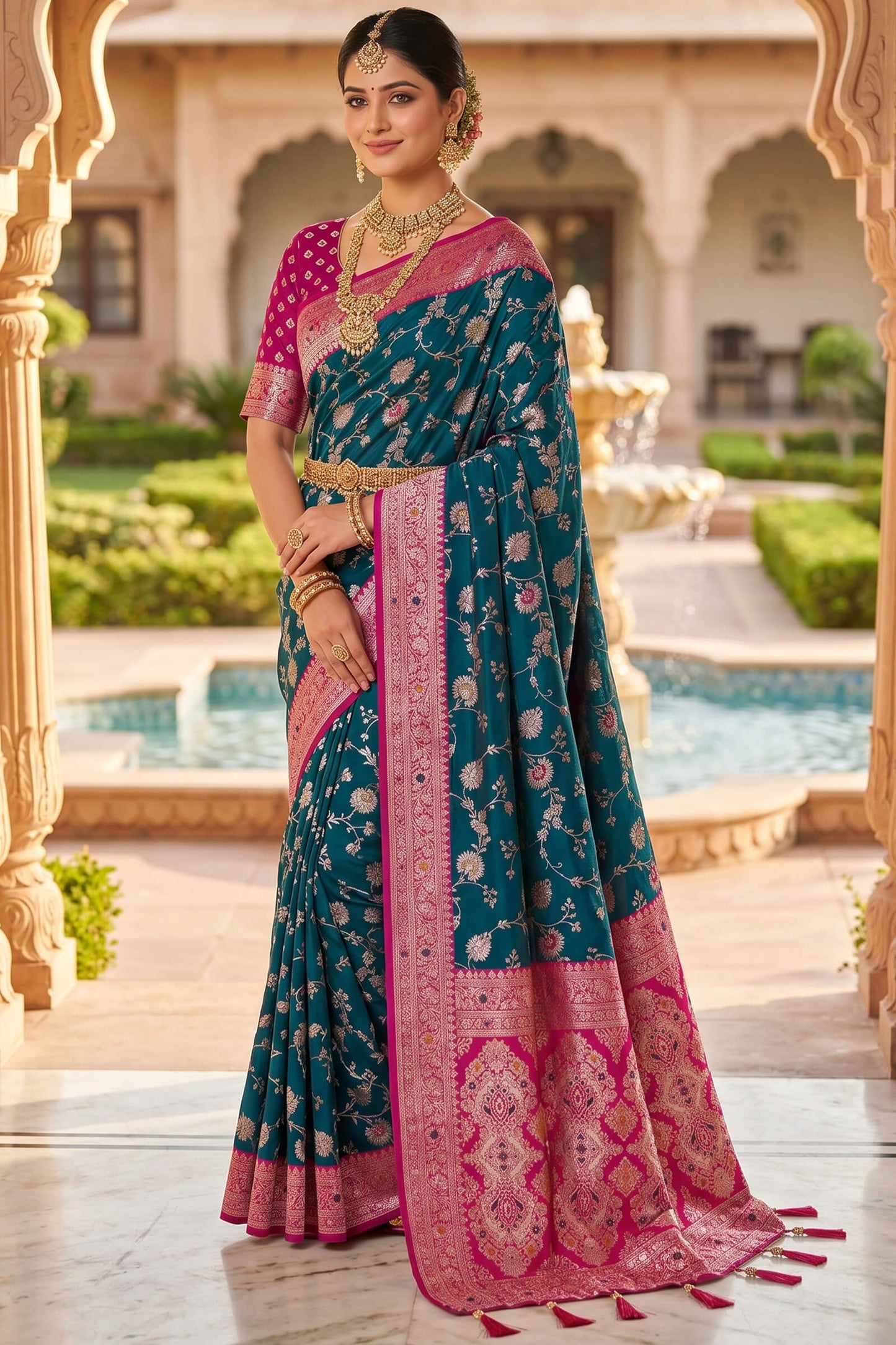 Luminous Rama Pure Zari Weaving Banarasi Silk Saree With Serendipity Blouse Piece
